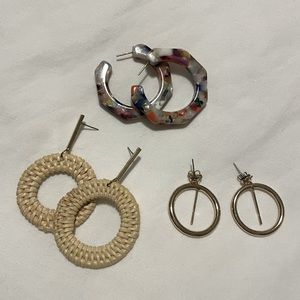 Assortment of 3 Sets of Earrings - Acrylic Multicolor Hoops, Rattan, and Gold